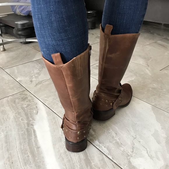 BROWN Leather Studded Strap Mid Calf Boots | Women |  7 - Picture 5 of 16
